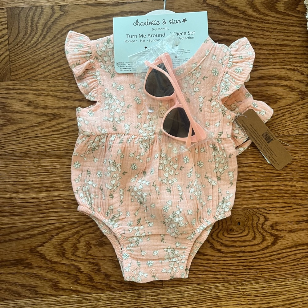 Charlotte & Ezra Pink Floral Baby Romper with Sunglasses 0-3 month NEW